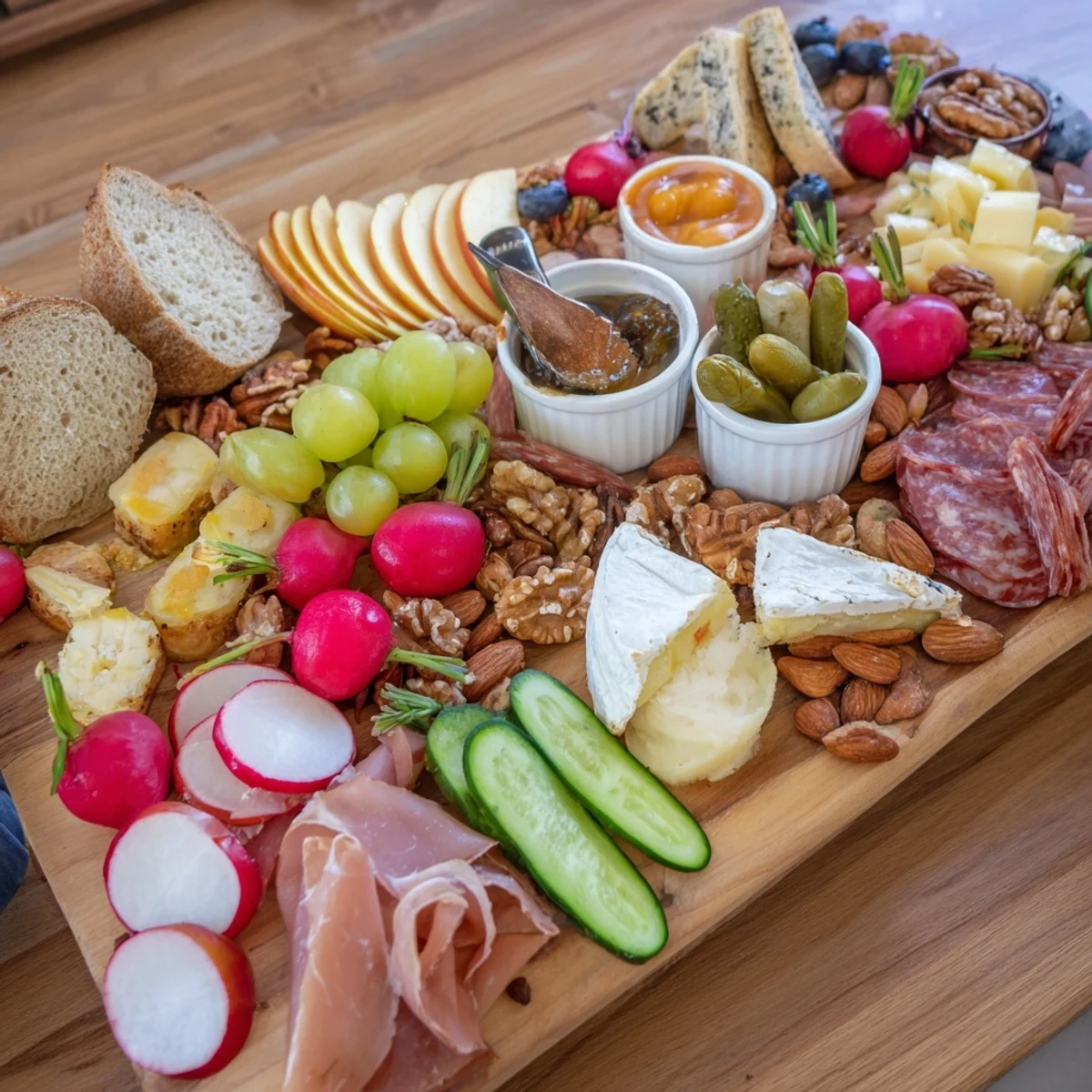 Cheval Heureux Snack Board arranged with colorful fruits, cheeses, cold cuts, and crackers, ideal for sharing.