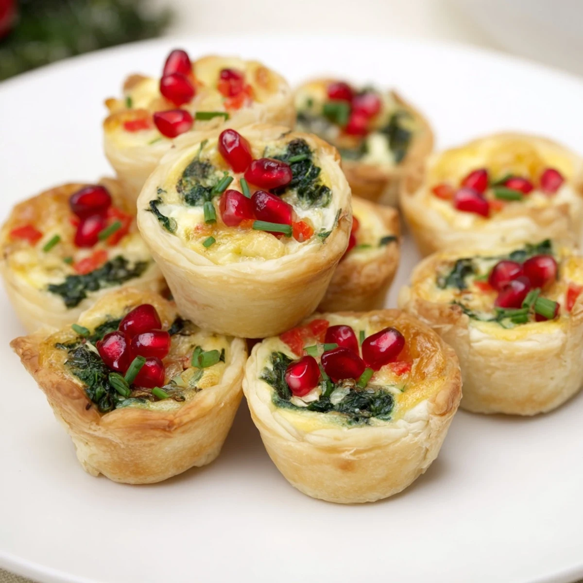 Golden, bite-sized Savory Bites: Mini Quiche Christmas Tree, garnished and ready for your holiday party.