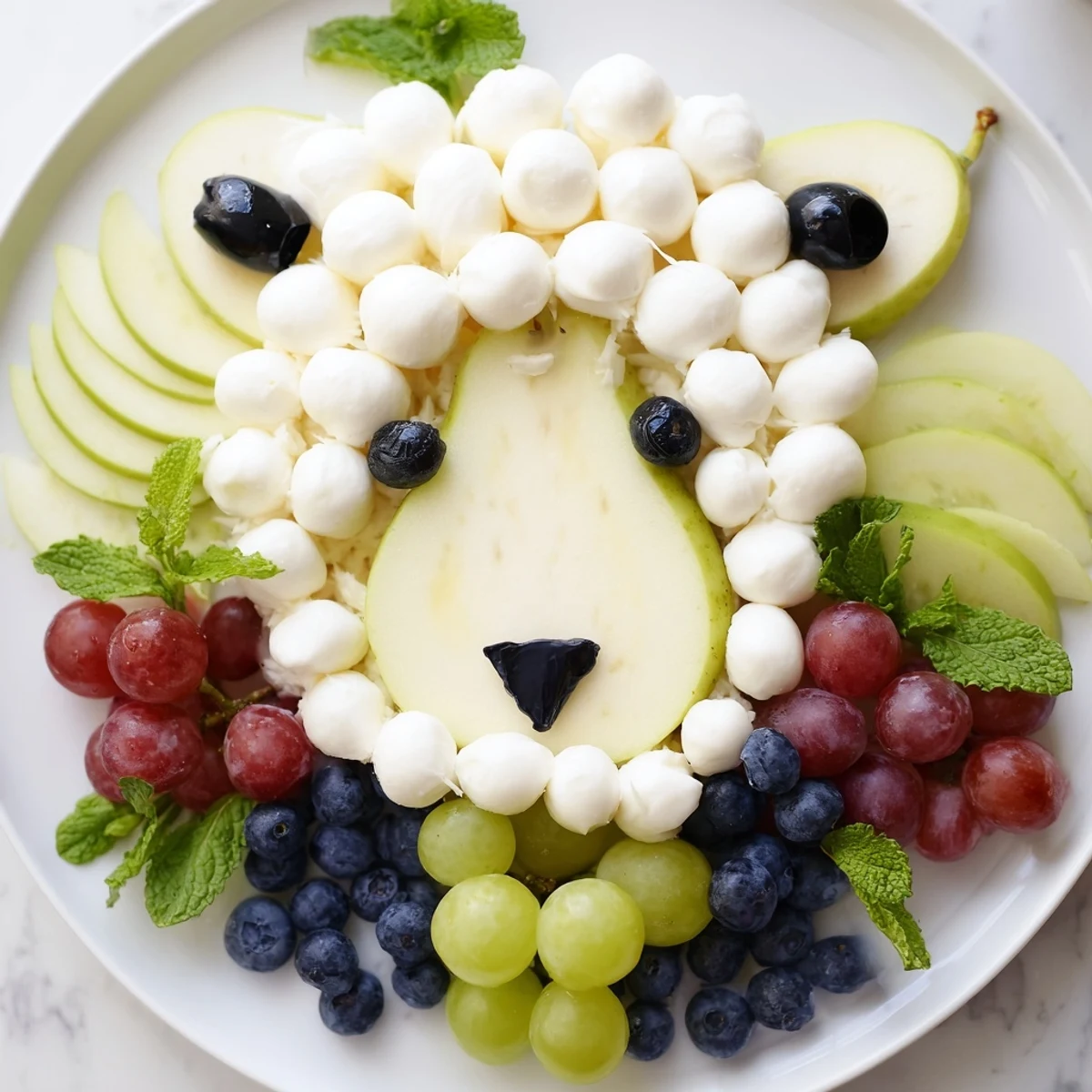 Fresh apple ears frame a delicious Lamb Face Fruit and Cheese Platter, perfect for parties.