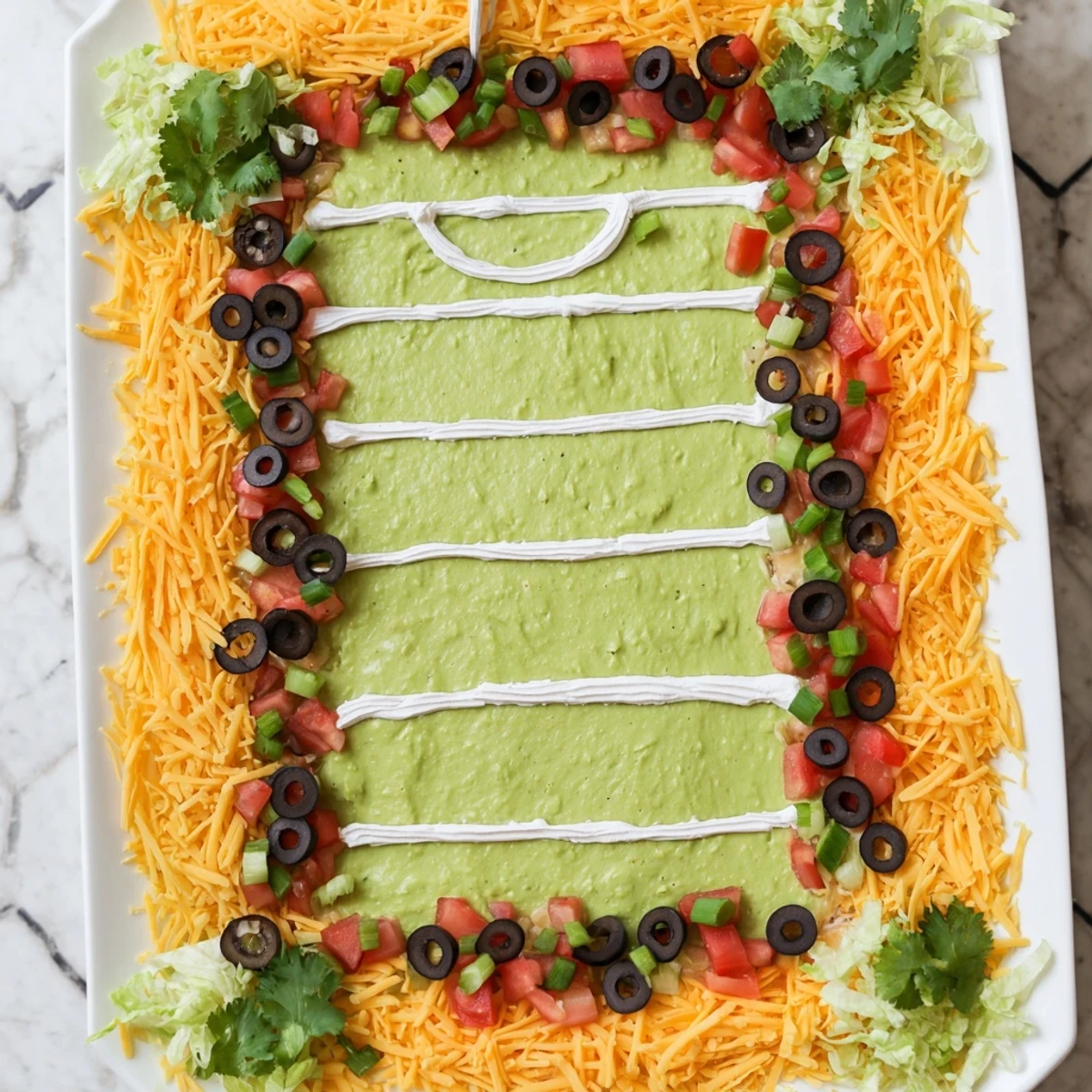 A vibrant Football Field Dip platter with fresh toppings, perfect for a game day celebration.