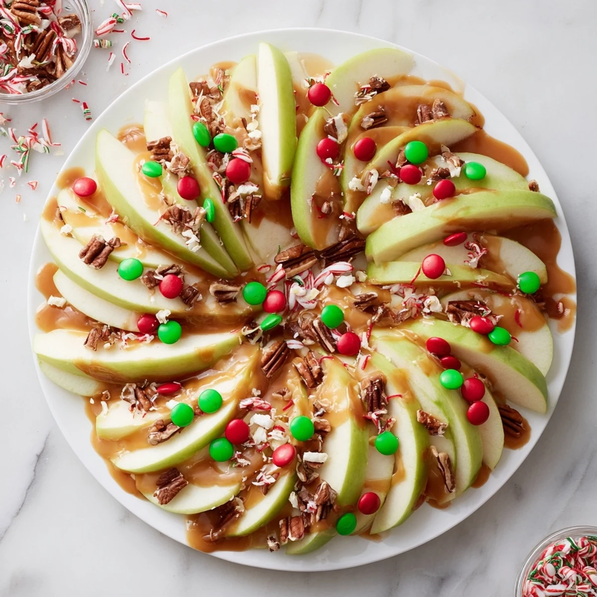Festive Caramel Apple Slice Christmas Wreath, glistening with caramel and chocolate, perfect for holiday gatherings.