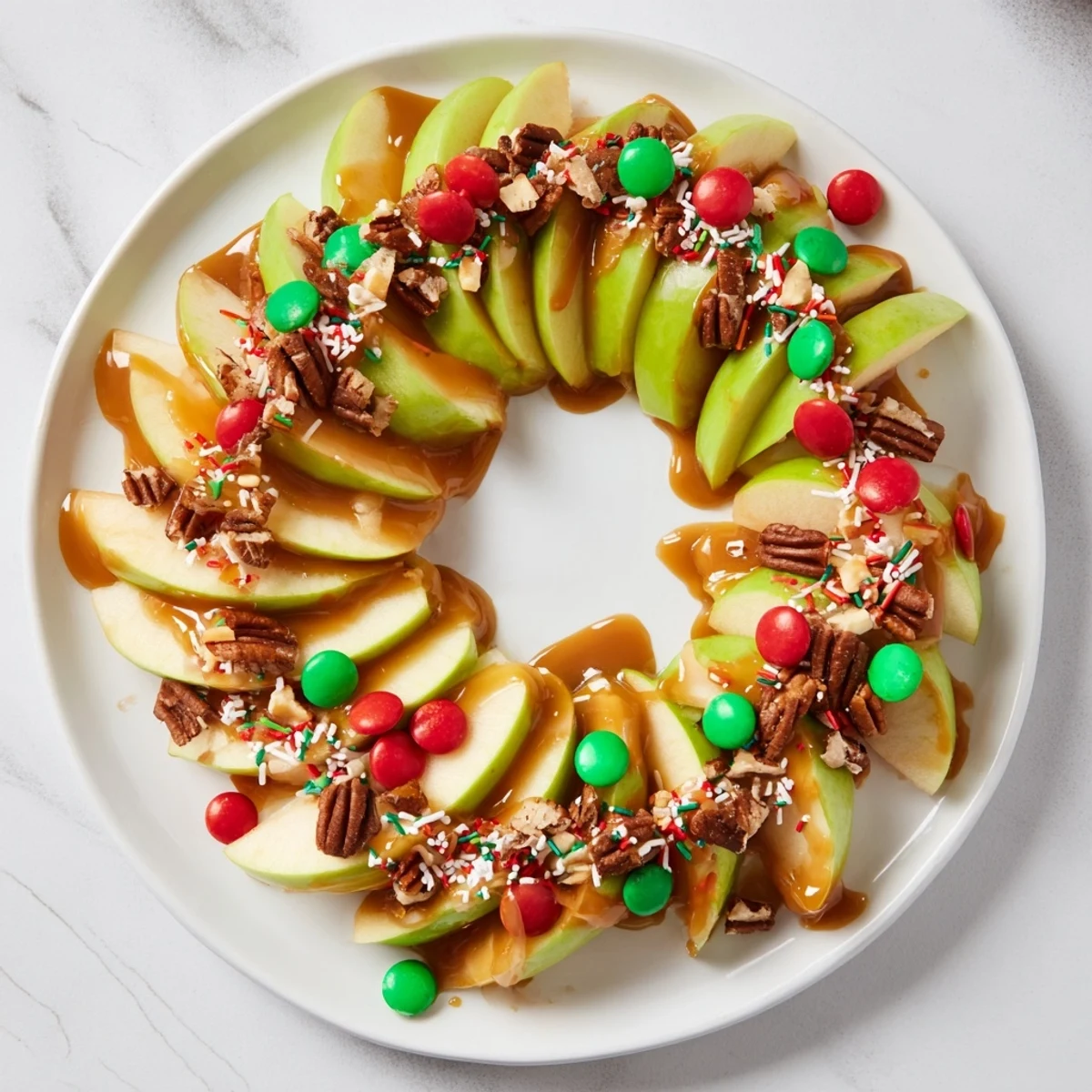 Fresh, colorful Caramel Apple Slice Christmas Wreath, drizzled with melting chocolate and delightful toppings.