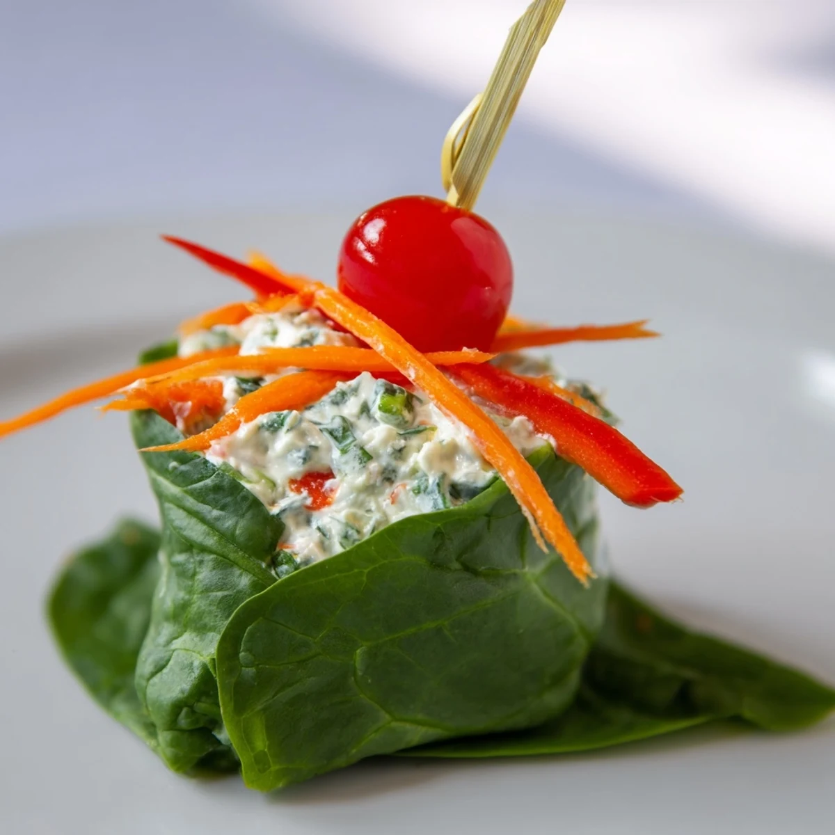 Holly Leaf Spinach Wraps displayed, vibrant green spinach holding savory cream cheese with colorful carrot and bell pepper.