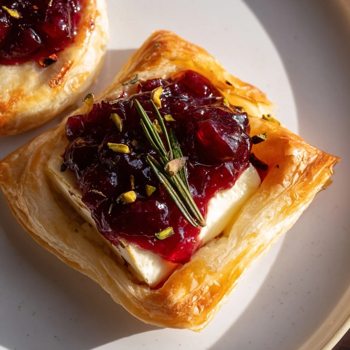 A holiday-ready overhead shot of a luscious Cranberry Brie Bites Wreath with glistening sauce and flaky pastry.