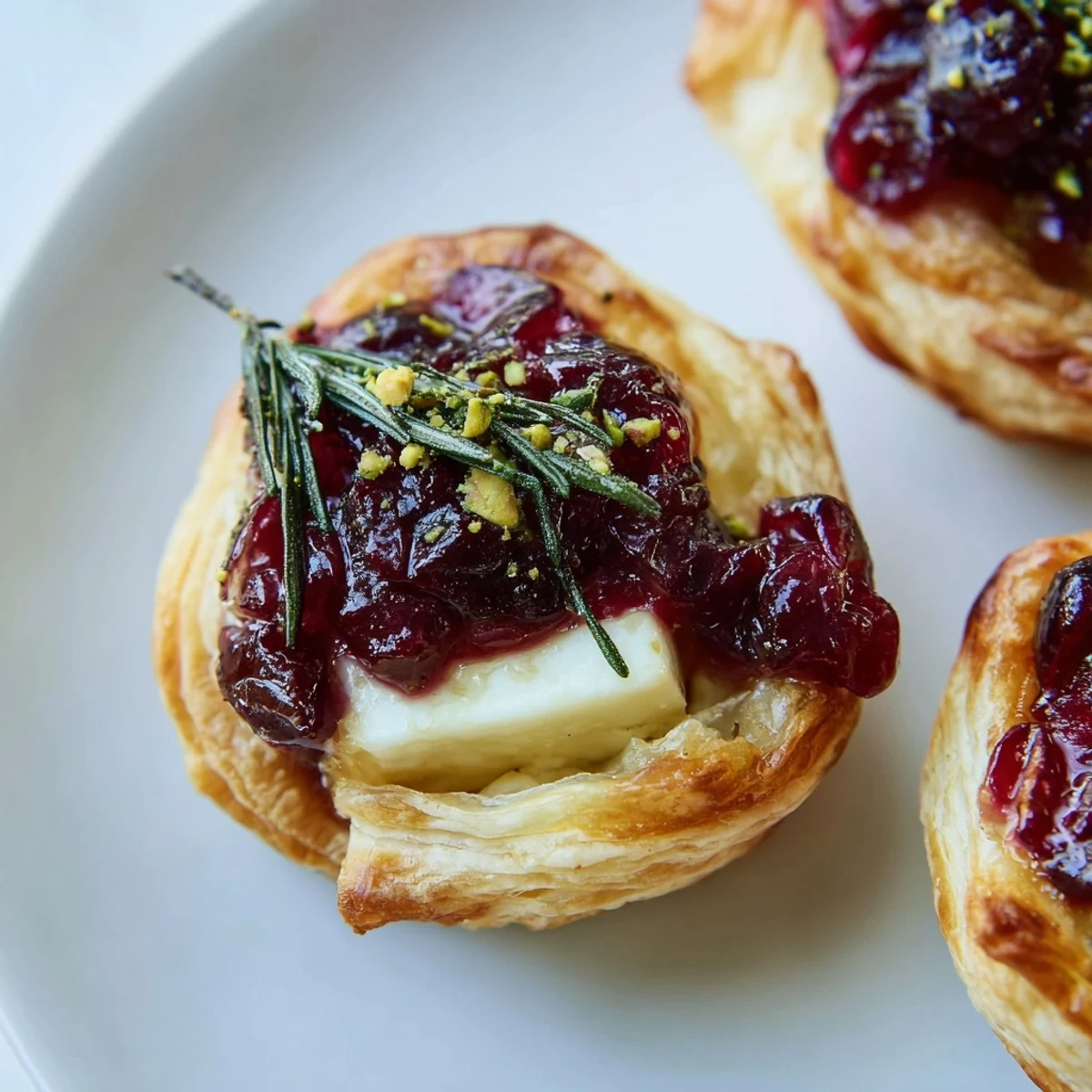Golden baked Cranberry Brie Bites Wreath, with bubbling brie, cranberry topping, and fresh rosemary sprigs.