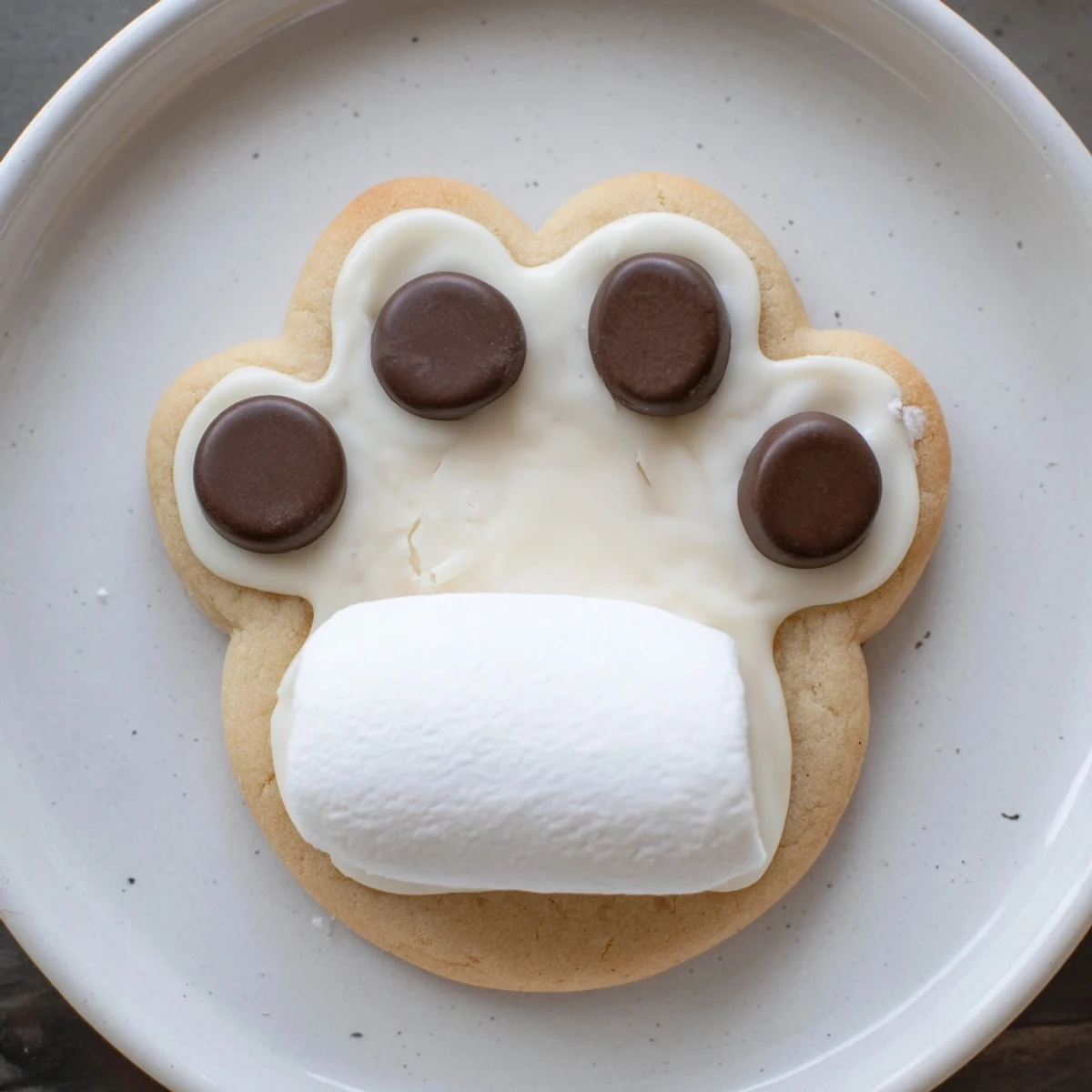 Close-up of adorable Polar Bear Paw Print Cookies with melted white chocolate and marshmallow paws.