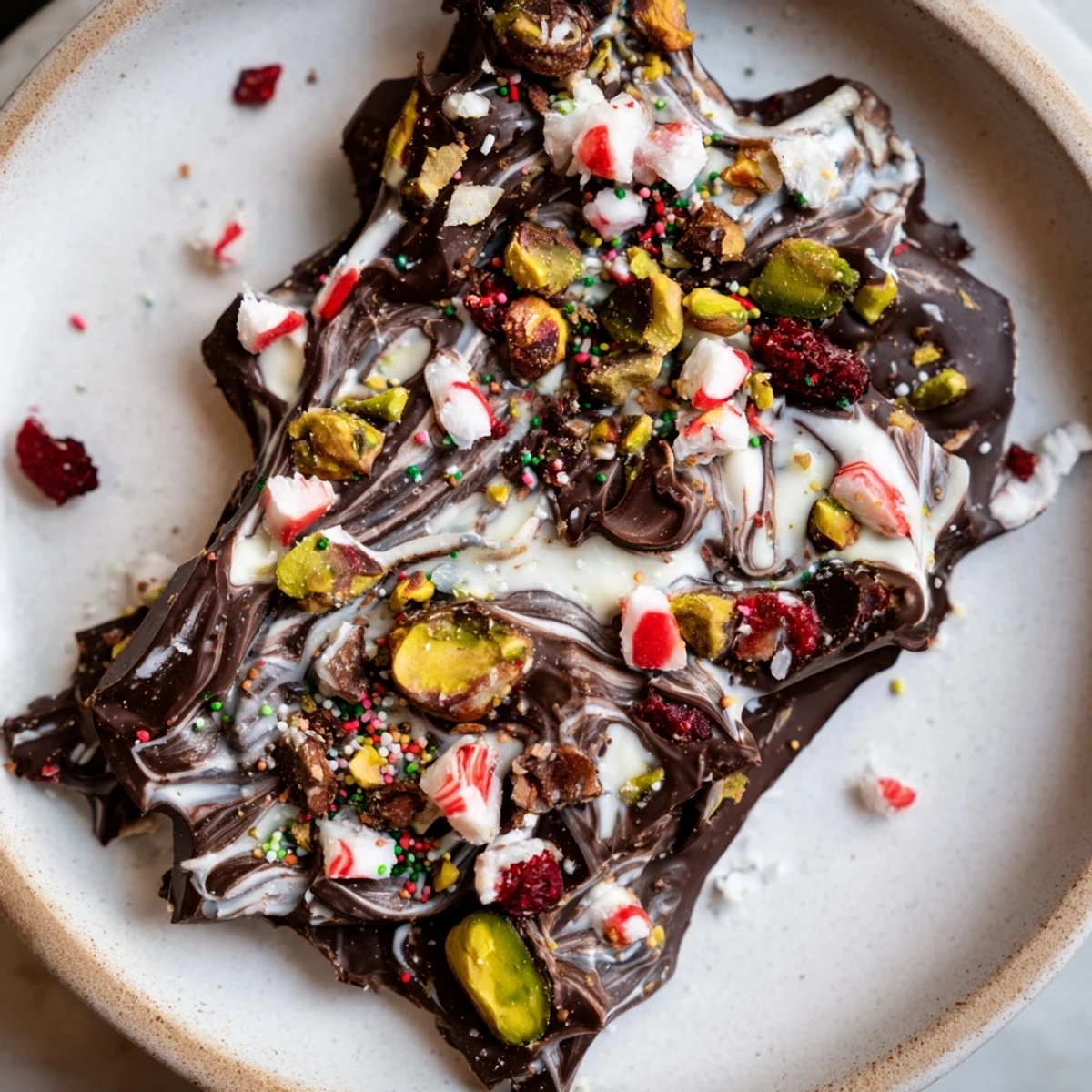 Festive holiday bark shards with crushed peppermint and crunchy pistachios, ready to enjoy.
