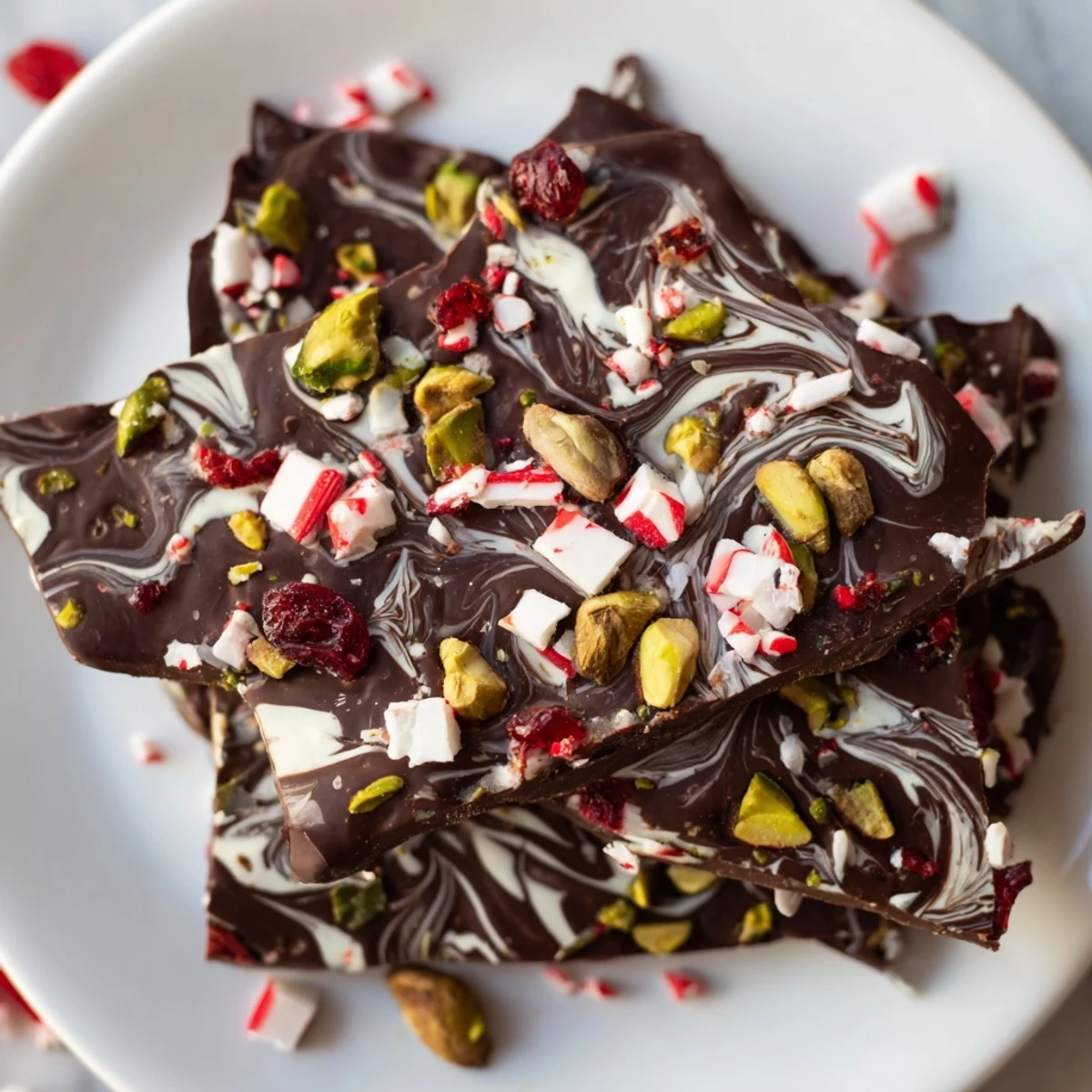 A close-up of a beautiful Holiday Bark Shard Display, studded with colorful toppings, ready to break.