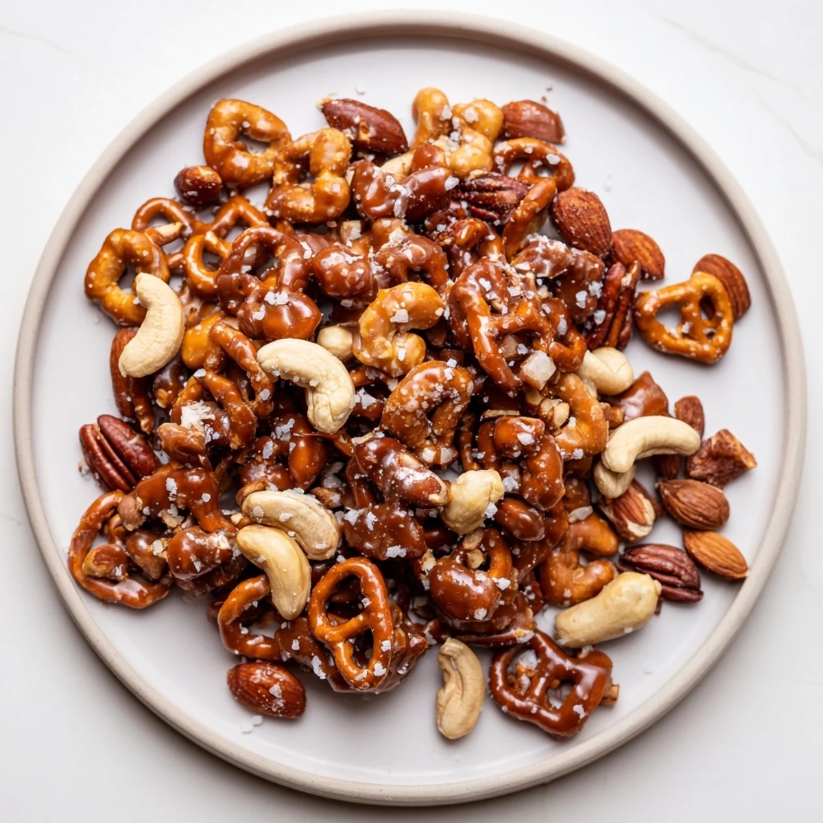 Golden, glistening Salted Caramel Pretzels and Nuts, a sweet and salty snack for sharing.