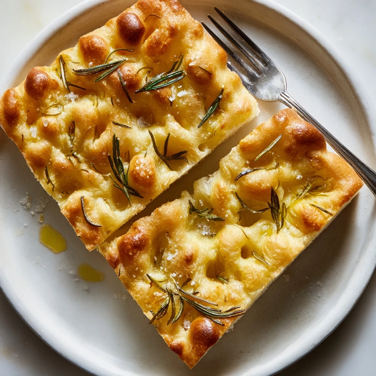 Golden, sliced Holiday Bread focaccia with rosemary, ready to serve warm at your table.