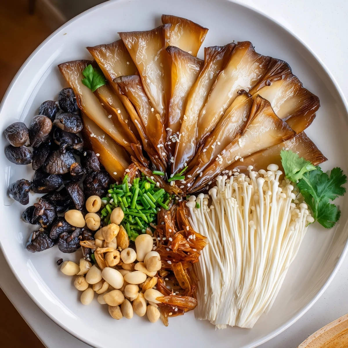 Umami Bomb Asian Delight arranged with sauteed mushrooms and pickled accents offer a savory board.