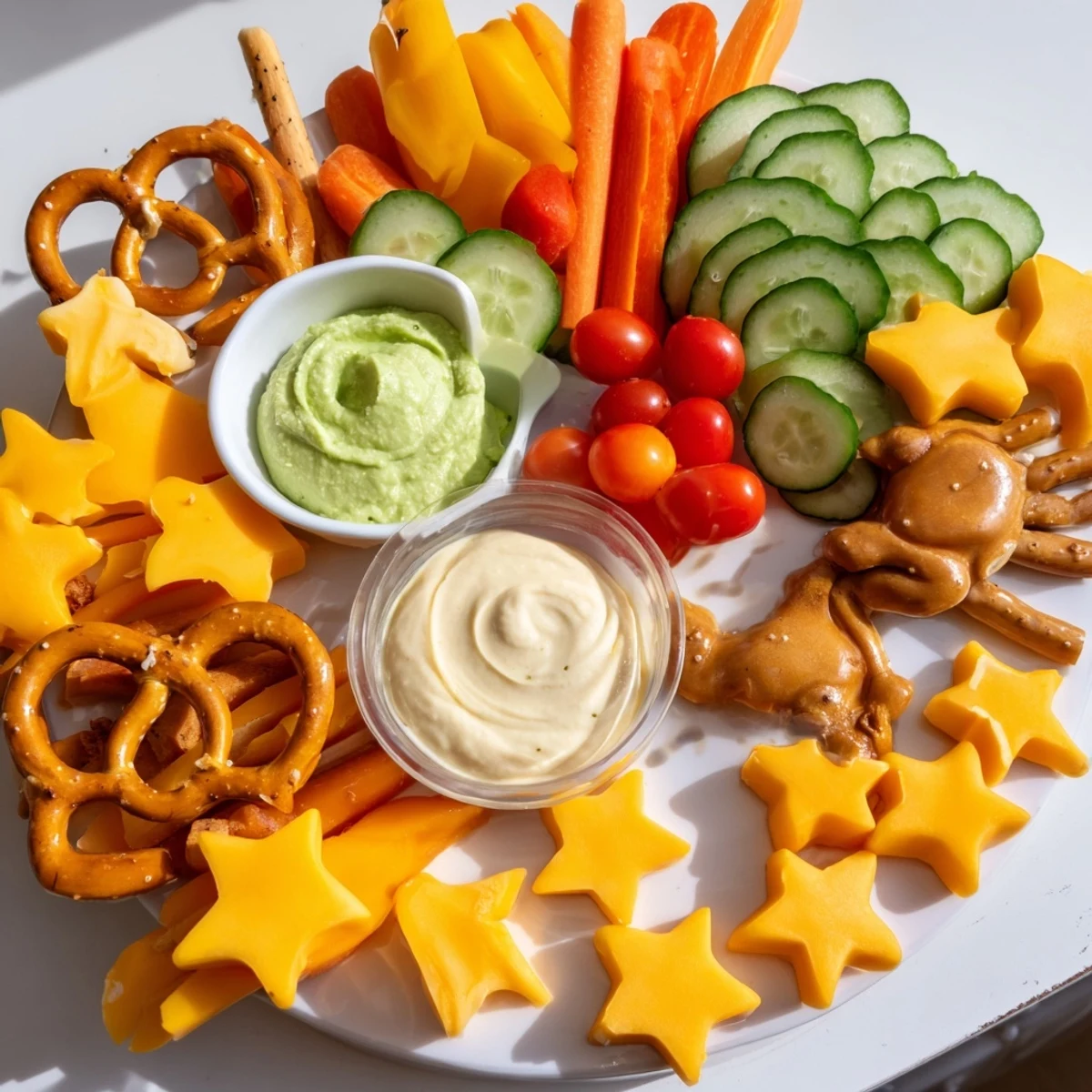 Kids Snack Adventure Map: A colorful platter with pretzel paths leading to dips, fruits, and cheese shapes.