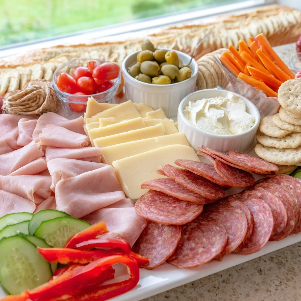 A colorful Budget-Friendly Family Spread with ham, cheddar, and veggie sticks ready for everyone to enjoy.