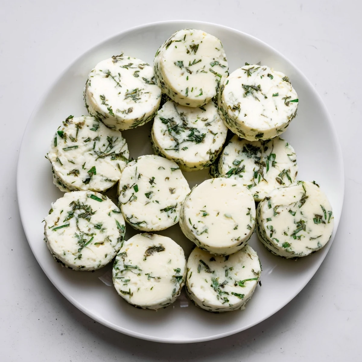Freshly prepared The Mossy Stone appetizer, vividly green from the parsley and dill coating the cheeses.