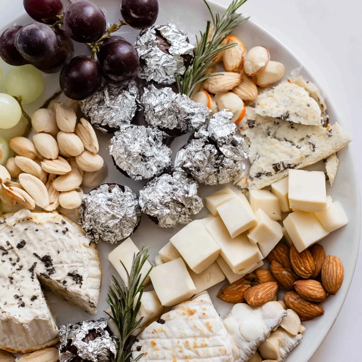 Elegant Silver Screen appetizer featuring truffle brie and silver-wrapped chocolates, ready to serve.