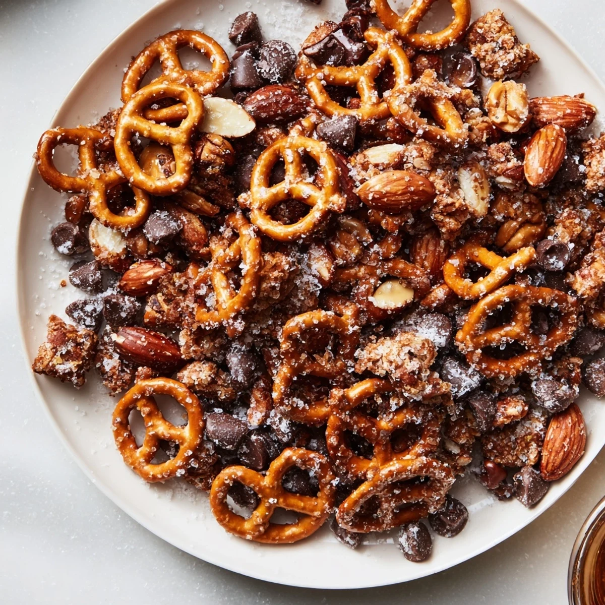 Festive Pine Cone Snack Mix, glistening with melted sugar and dotted with mini chocolate chips.