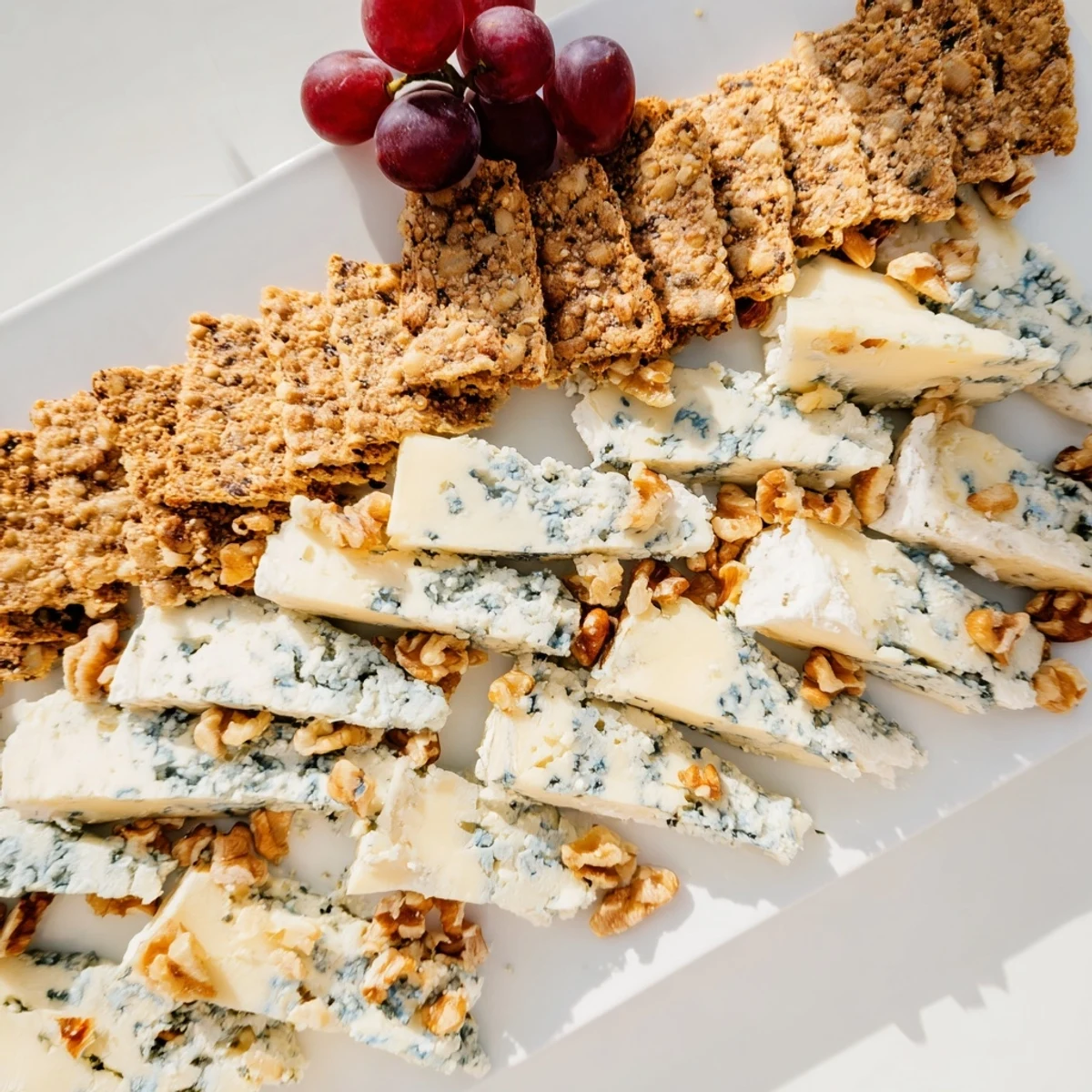 A stunning Blue Ridge Mountains cheese platter, featuring blue cheeses perched on crackers.