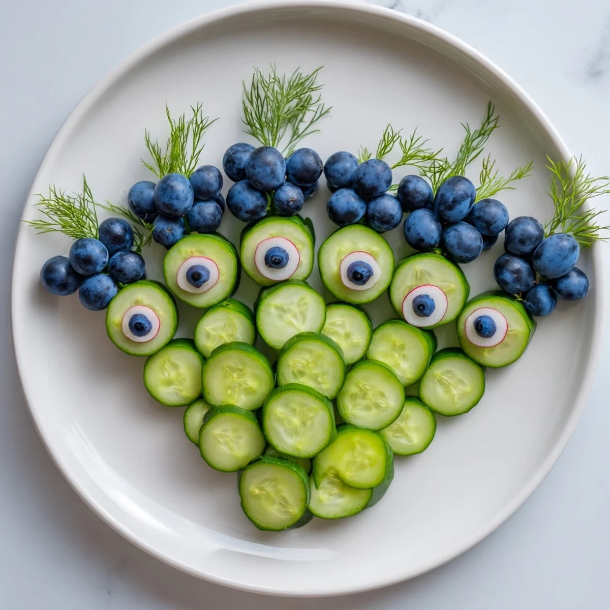 Vibrant Peacock Tail appetizer of cucumber and grapes, beautifully arranged with radish eyes.