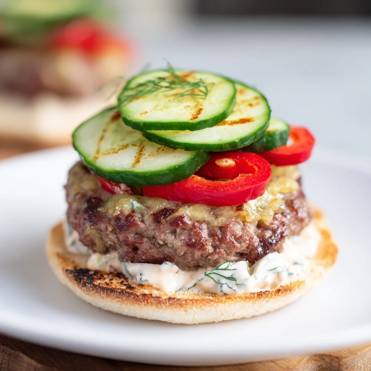 Melted pepper-jack tops this The Fire & Ice Burger, cooling yogurt dip provides a creamy balance.