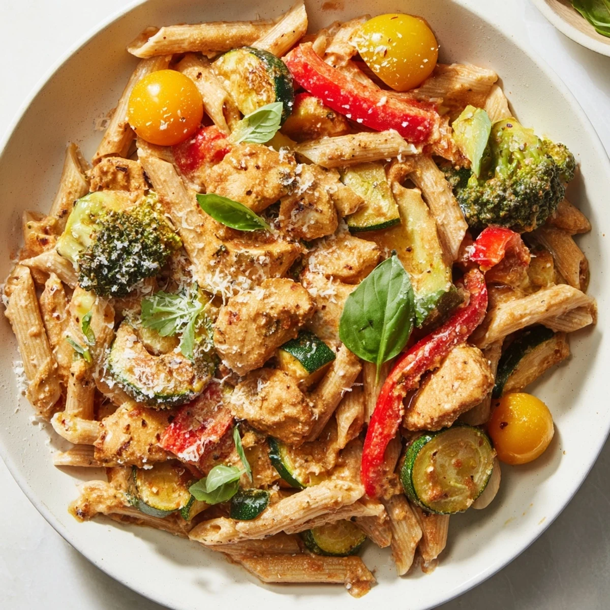 Steaming 5-4-3-2-1 Pasta Primavera, bursting with colorful vegetables and tender chicken pieces.
