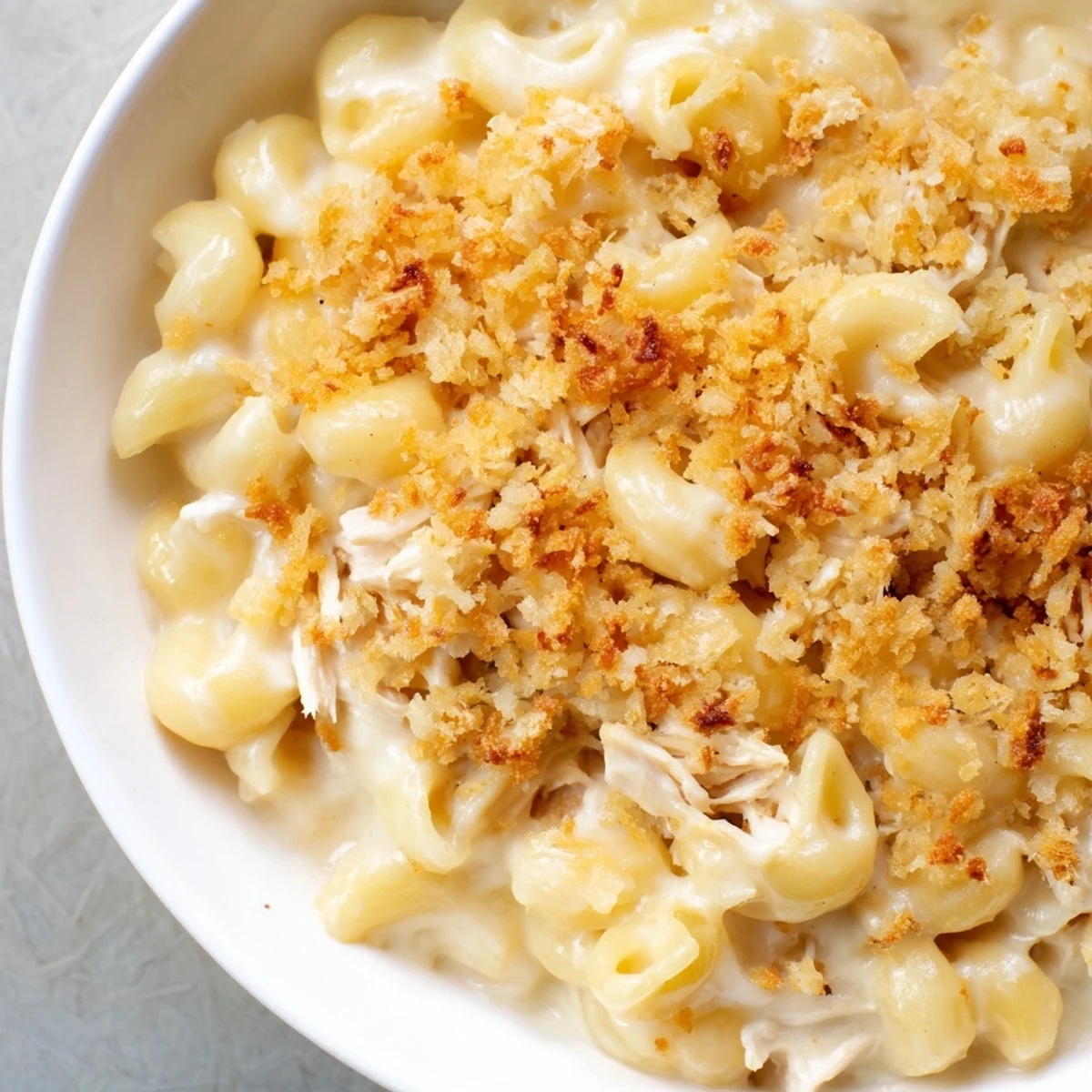 Golden-brown baked Struggle Meal Chicken Macaroni bubbling with a rich cheese sauce and tender macaroni.