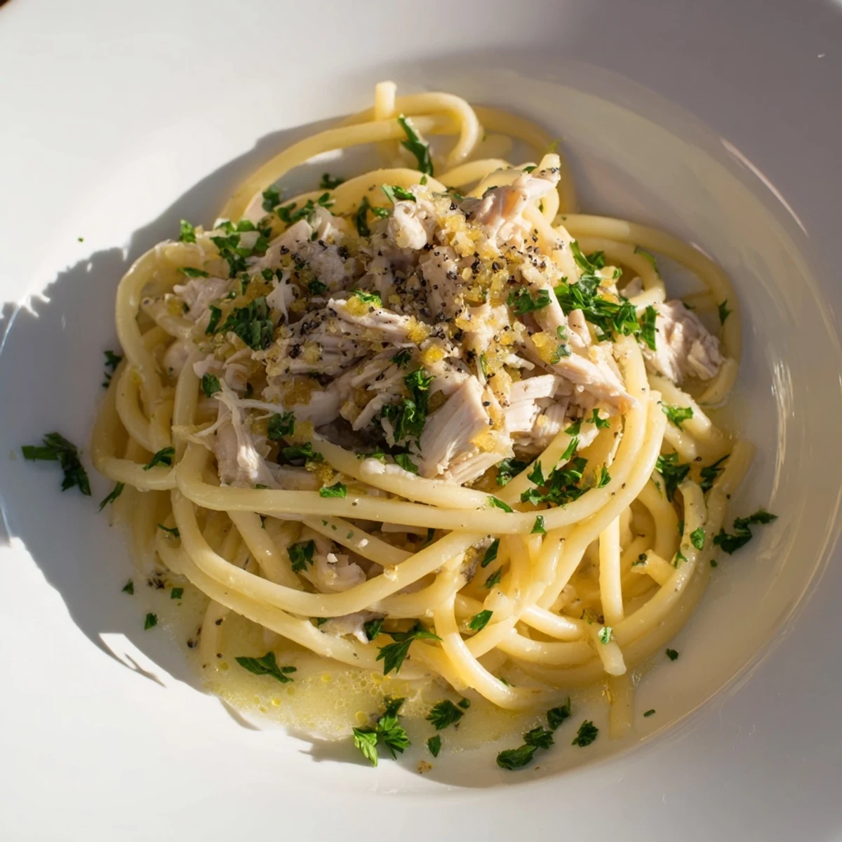 Simple Garlic Butter Bucatini with perfectly cooked pasta and tender shredded chicken for dinner.
