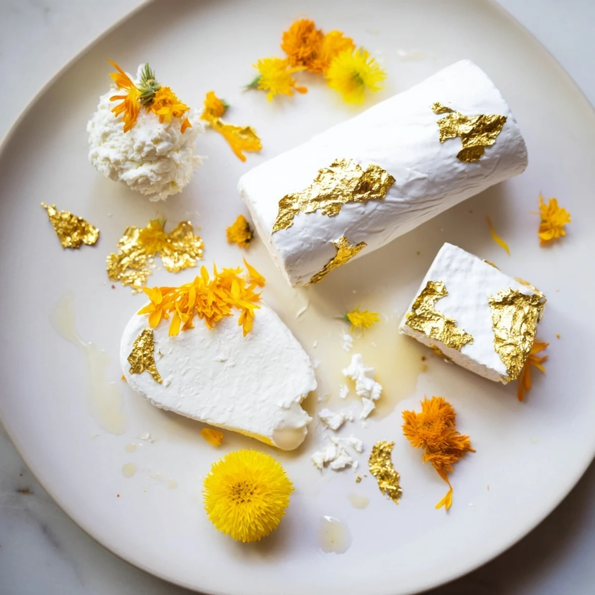 The Gilded Lily cheese platter, resplendent with gold leaf, creamy cheeses, and sunshine-yellow petals.