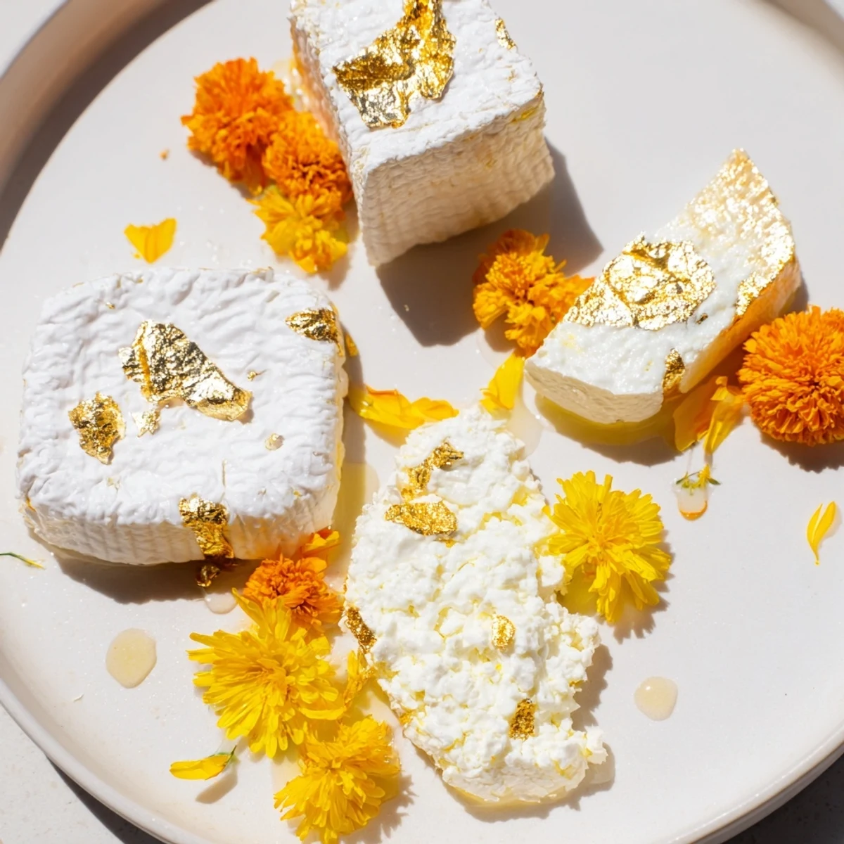 Fresh The Gilded Lily cheese board features goat cheese, brie, and ricotta, elegantly garnished with edible flowers.