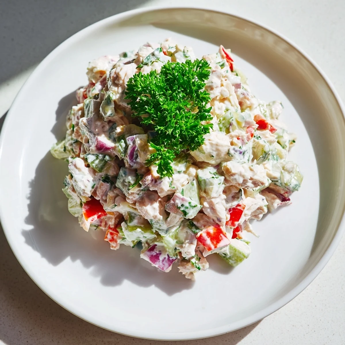 Creamy canned chicken salad with Mrs. Dash, celery, and red peppers ready to serve, a flavorful, quick lunch.