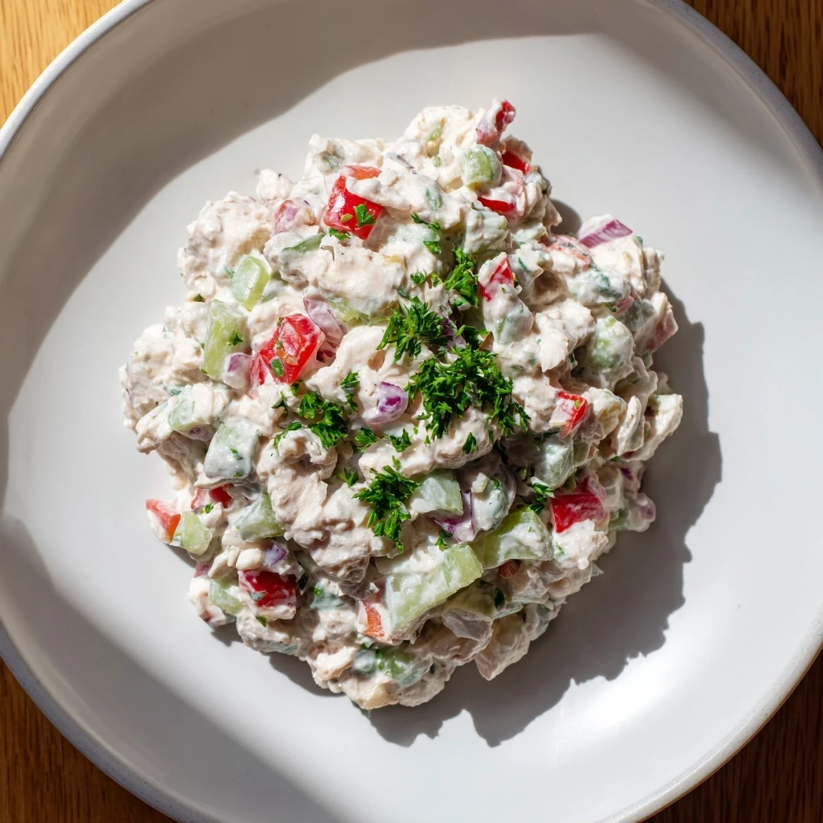 A vibrant close-up: Canned chicken salad with Mrs. Dash, fresh parsley, and a tangy lemon dressing.