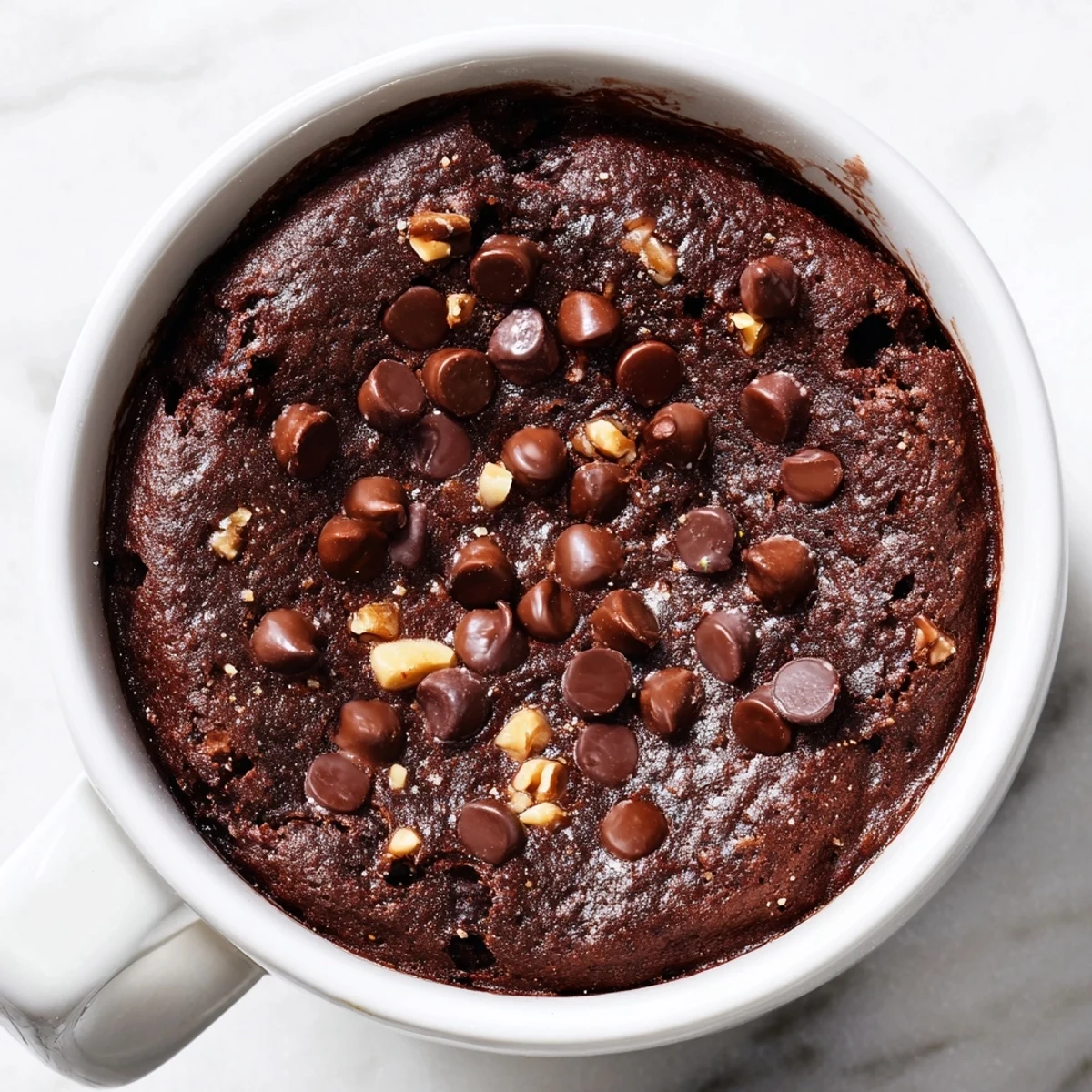 Fudgy, warm Mug Brownie fresh from the microwave, ready for a chocolatey dessert treat.