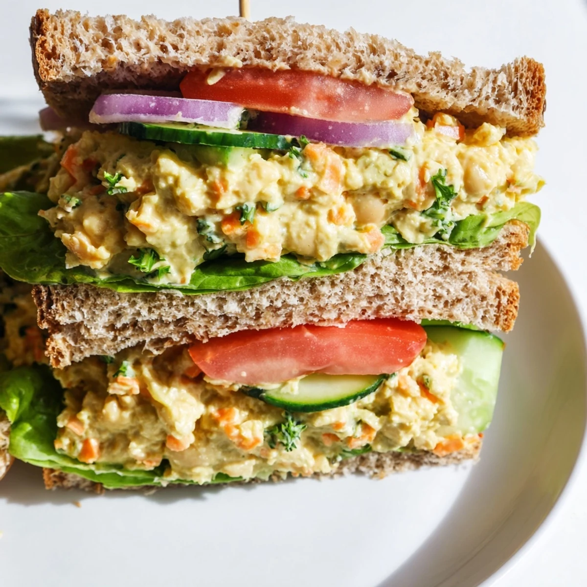 Golden-crusted Easy Chickpea Salad Sandwich halves, ready to eat, served alongside fresh cucumber.