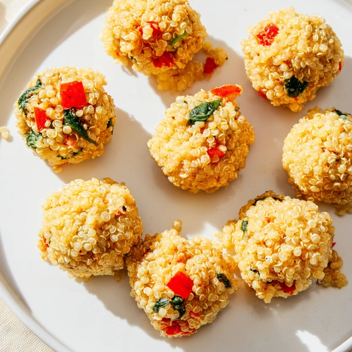 Golden-brown Baked Cheddar Quinoa Bites: a close-up shows cheesy, savory snacks with visible veggies.