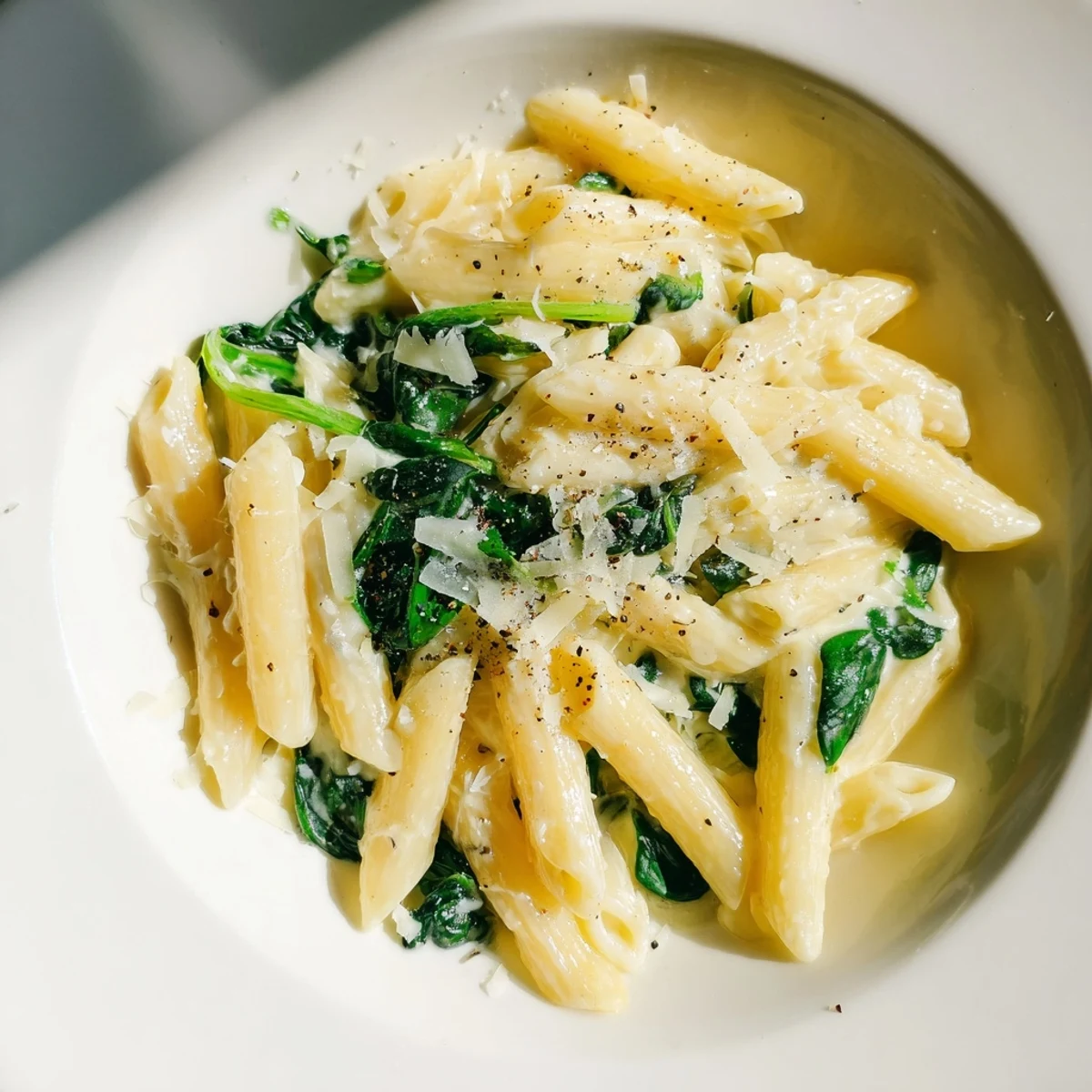 A close-up of finished Creamy Spinach Pasta, creamy sauce glistening over the penne pasta.