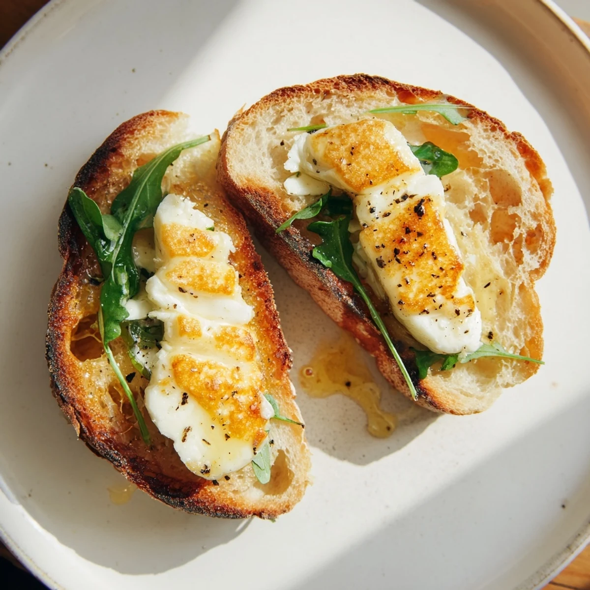 Close-up photo of a perfectly toasted crispy halloumi grilled cheese, layered with halloumi and fresh greens.