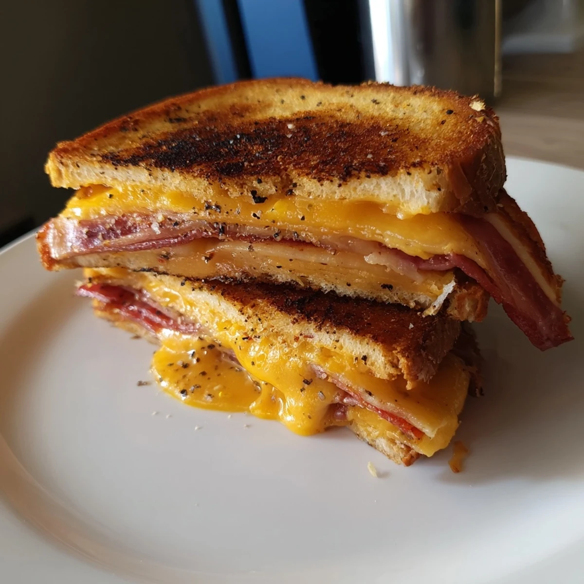 Crispy Bacon Cheddar Grilled Cheese, oozing melted cheddar with golden, crisp sourdough crust, ready to devour.