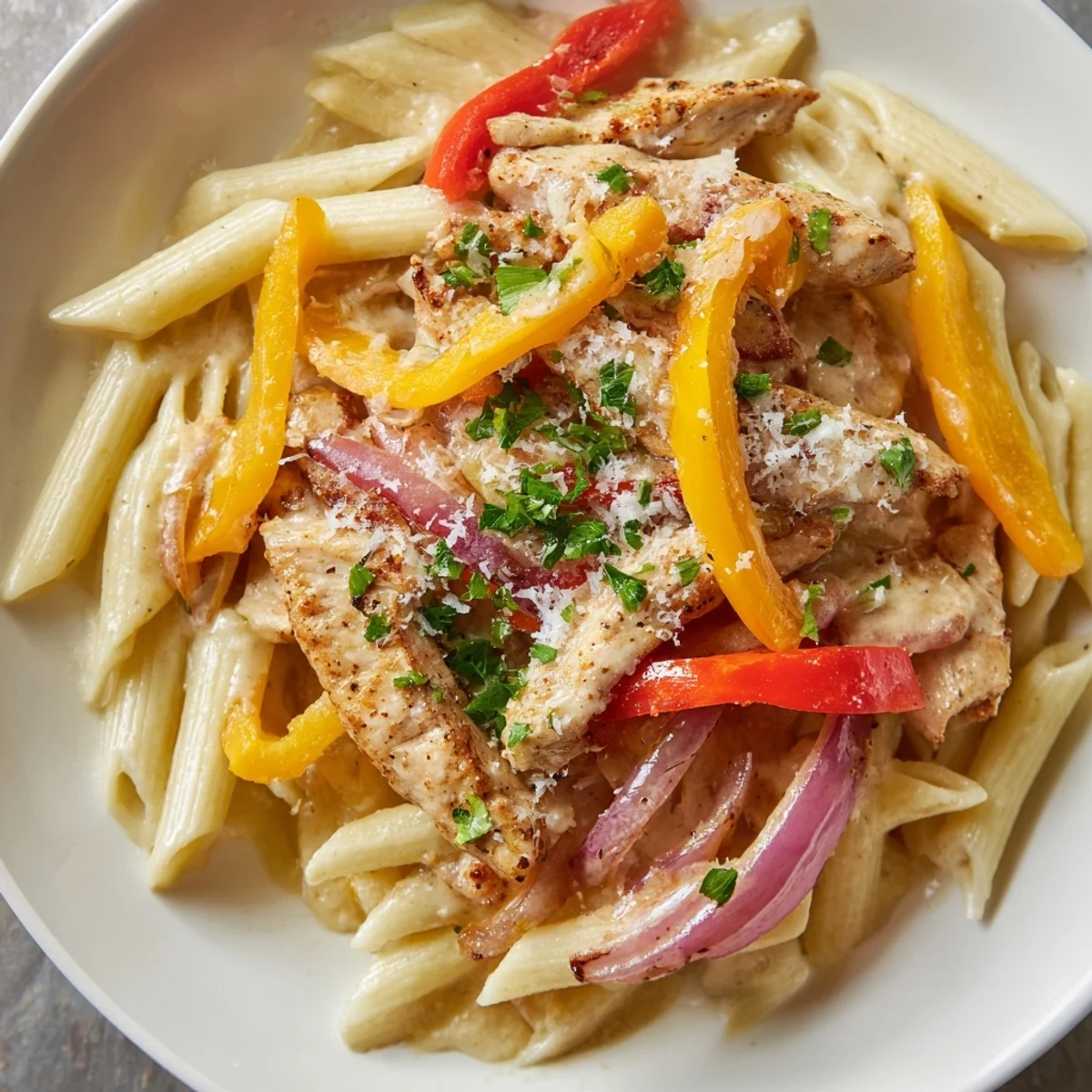 A close-up of a bowl of flavorful Cajun Chicken Pasta; the perfect weeknight indulgence.
