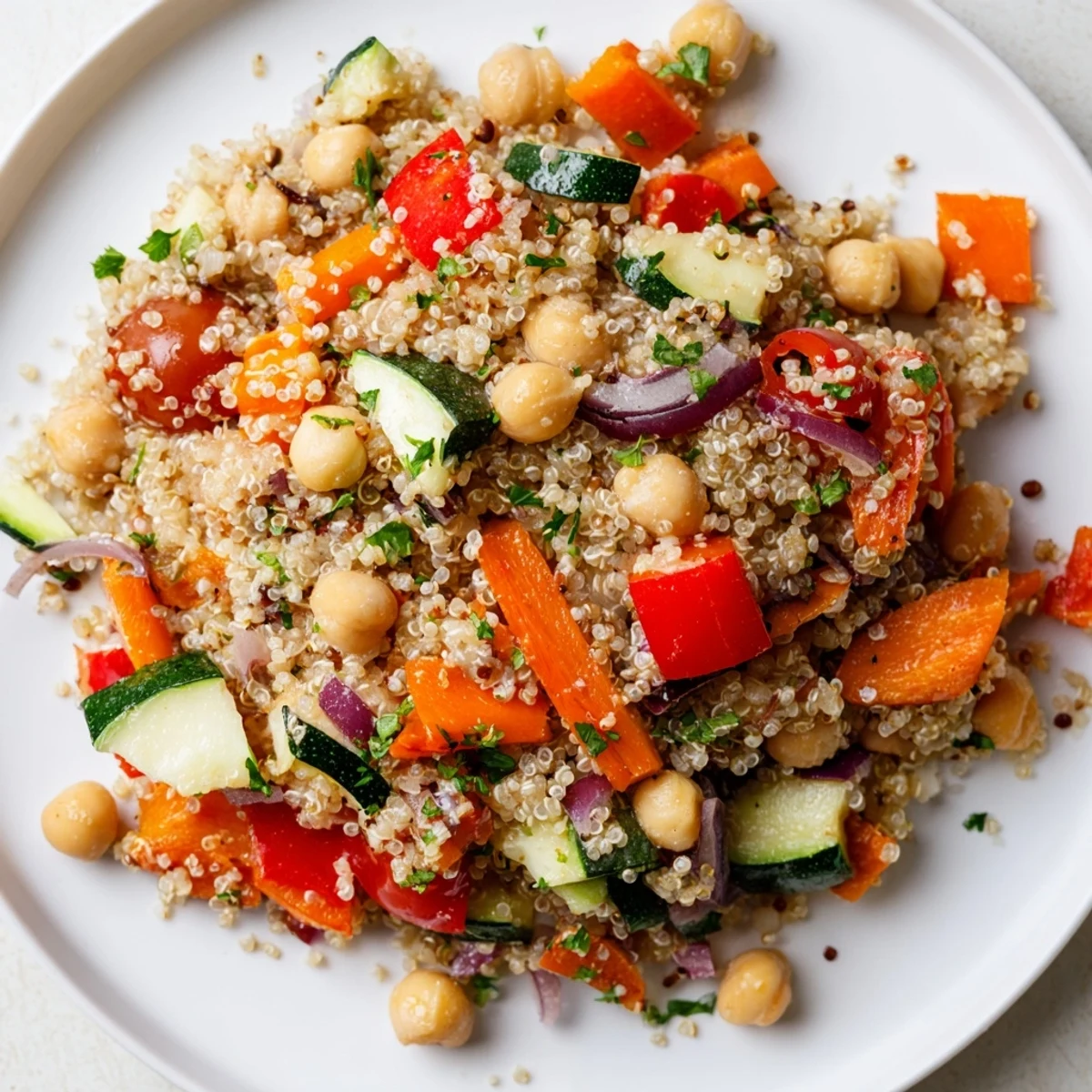A close-up view of the delicious Quinoa Power Salad, drizzled with creamy tahini-lemon dressing.