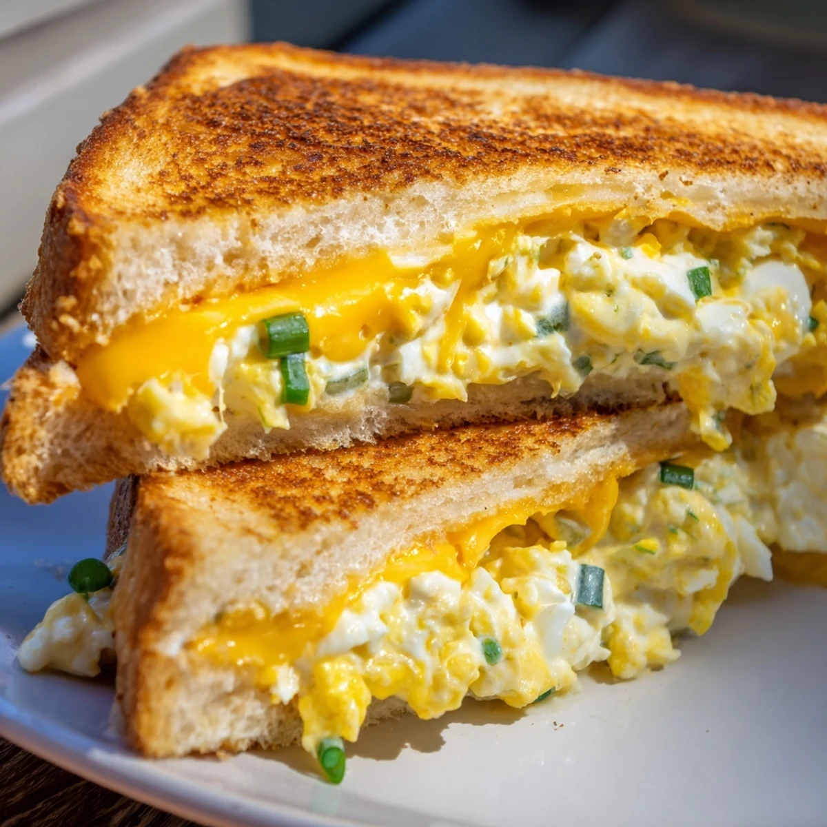 Golden, cheesy Egg Salad Grilled Cheese sandwich, a comfort food classic, ready to be sliced and enjoyed.