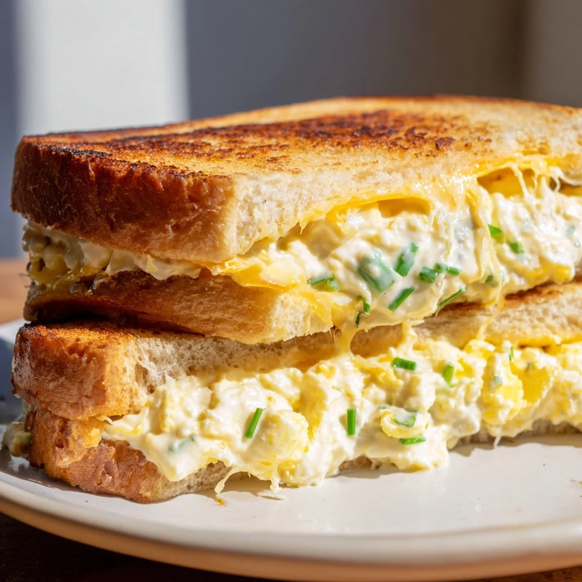 Melted cheese oozes from this Egg Salad Grilled Cheese sandwich, served on a plate for a delicious meal.
