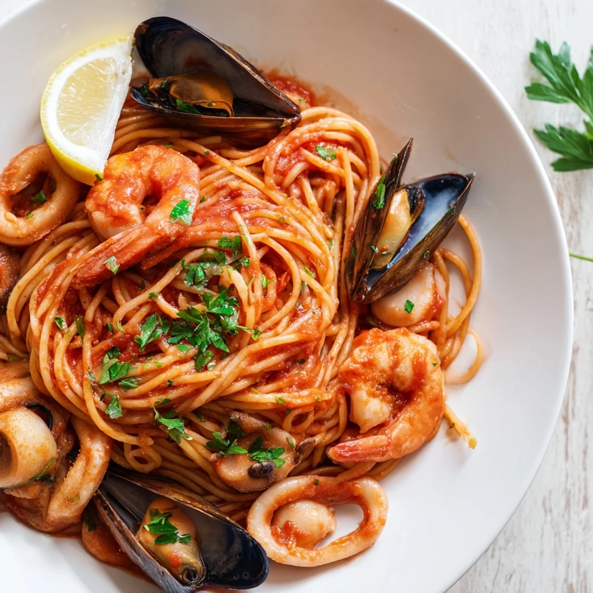 Steaming Seafood Marinara Pasta, a flavorful Italian dish with shrimp, mussels, and squid in rich tomato sauce.