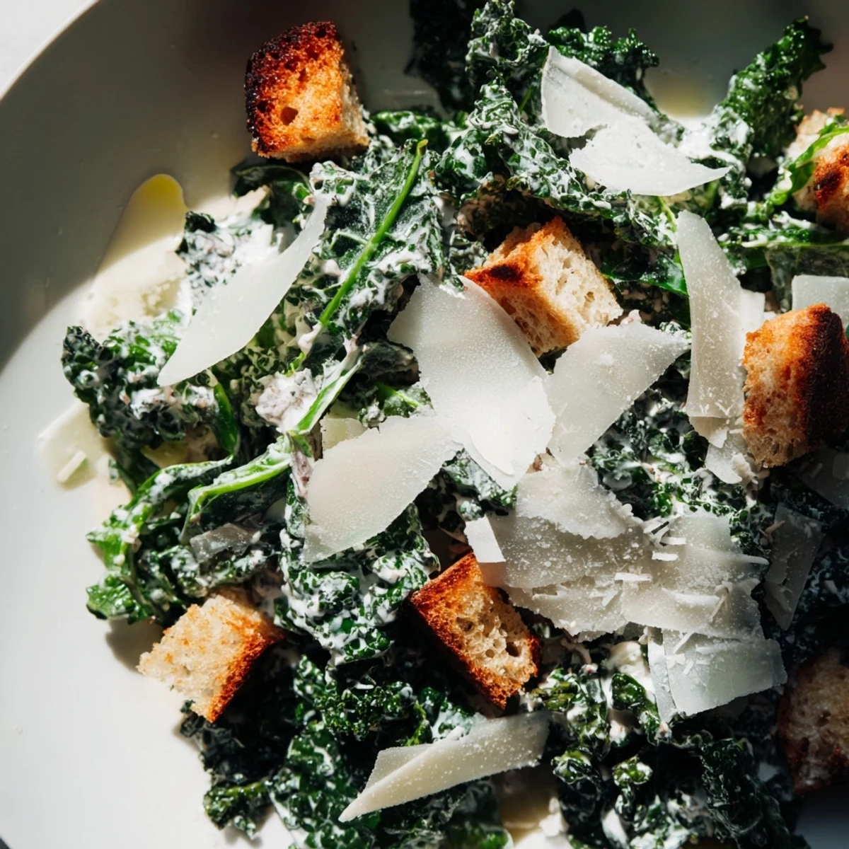 Close-up image shows the textures of the crunchy croutons and fresh ingredients in this Kale Caesar Salad.