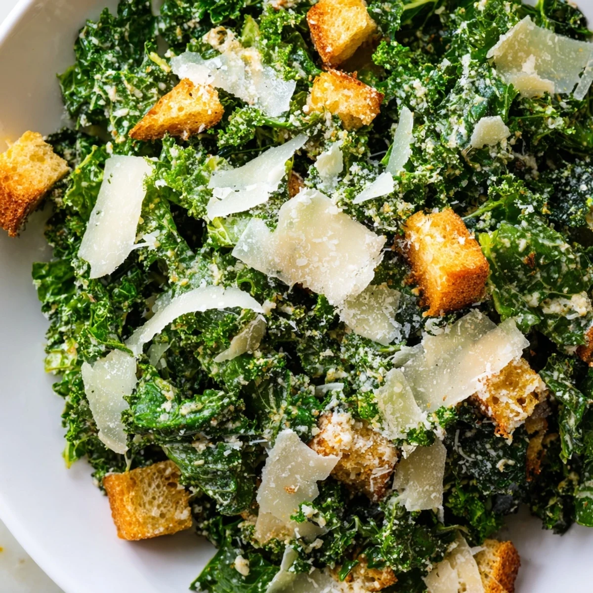 Homemade creamy dressing coats the vibrant green kale in this delicious, vegetarian Kale Caesar Salad.