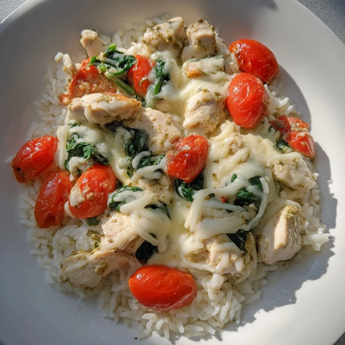 Golden-brown Chicken Pesto Rice Bake topped with melted cheese, perfect for a cozy family dinner.