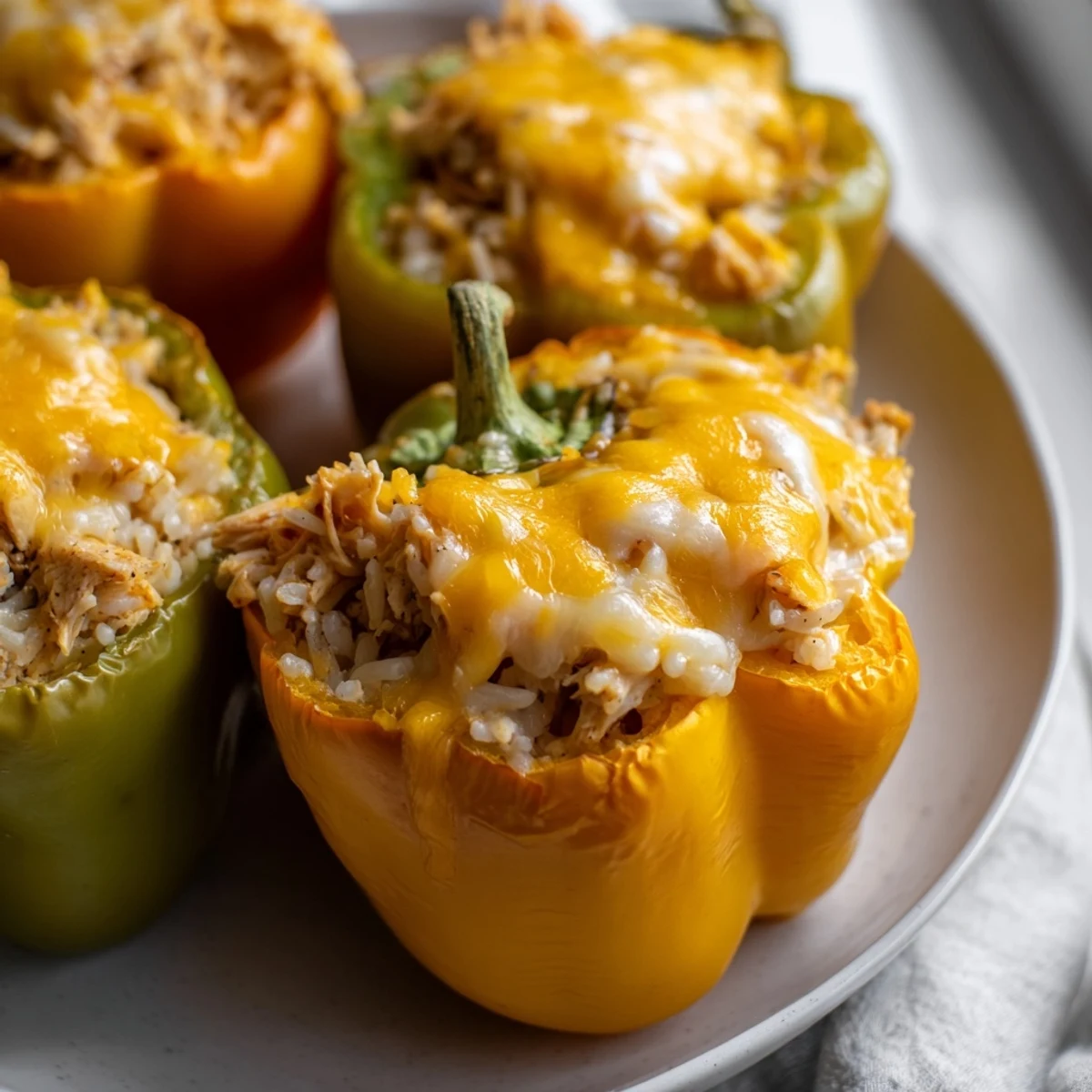 A close-up shot of hot, cheesy Chicken Stuffed Peppers, perfect comfort food, ready to eat.