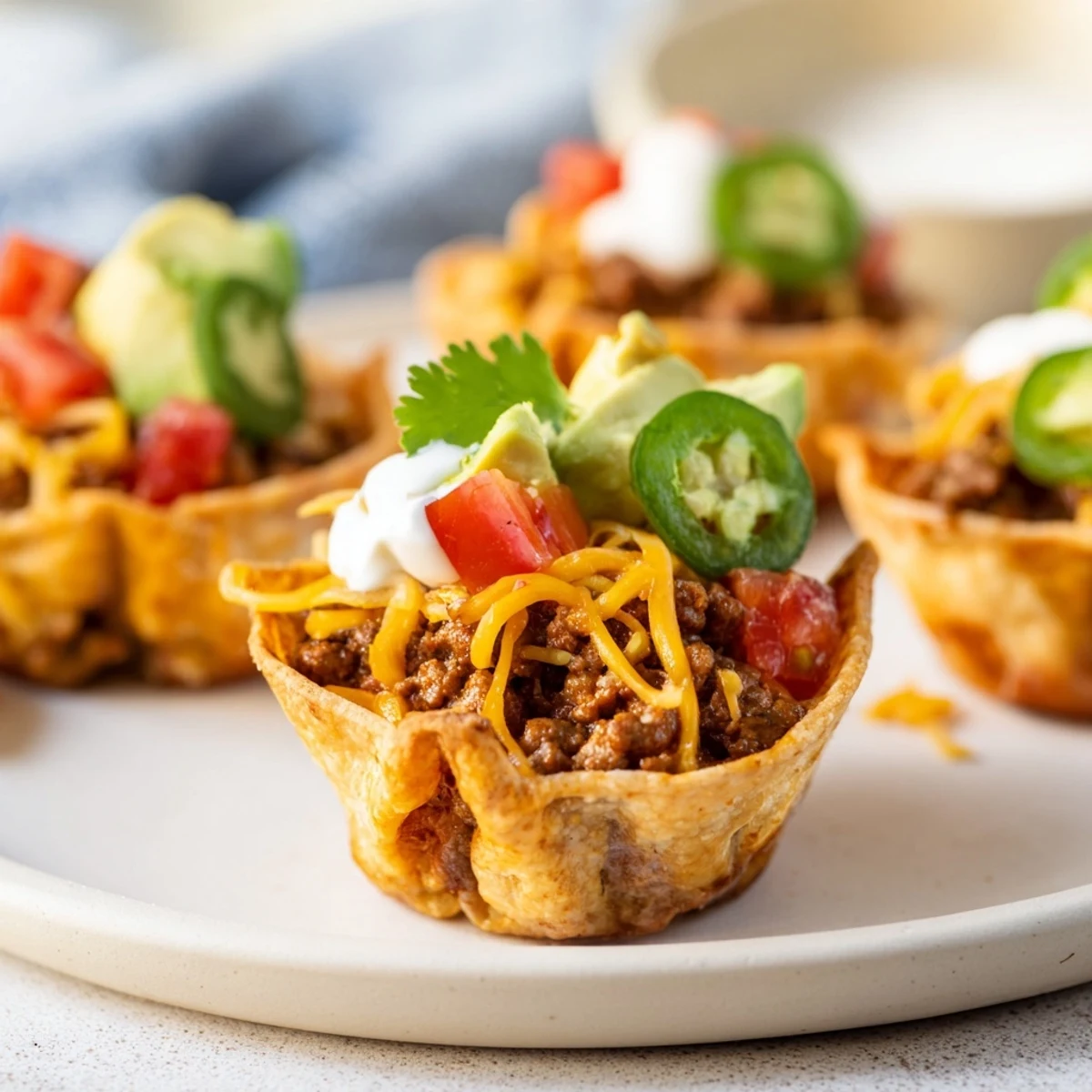 Mini Taco Cups, golden and bubbly, brimming with seasoned beef and melted cheddar cheese.