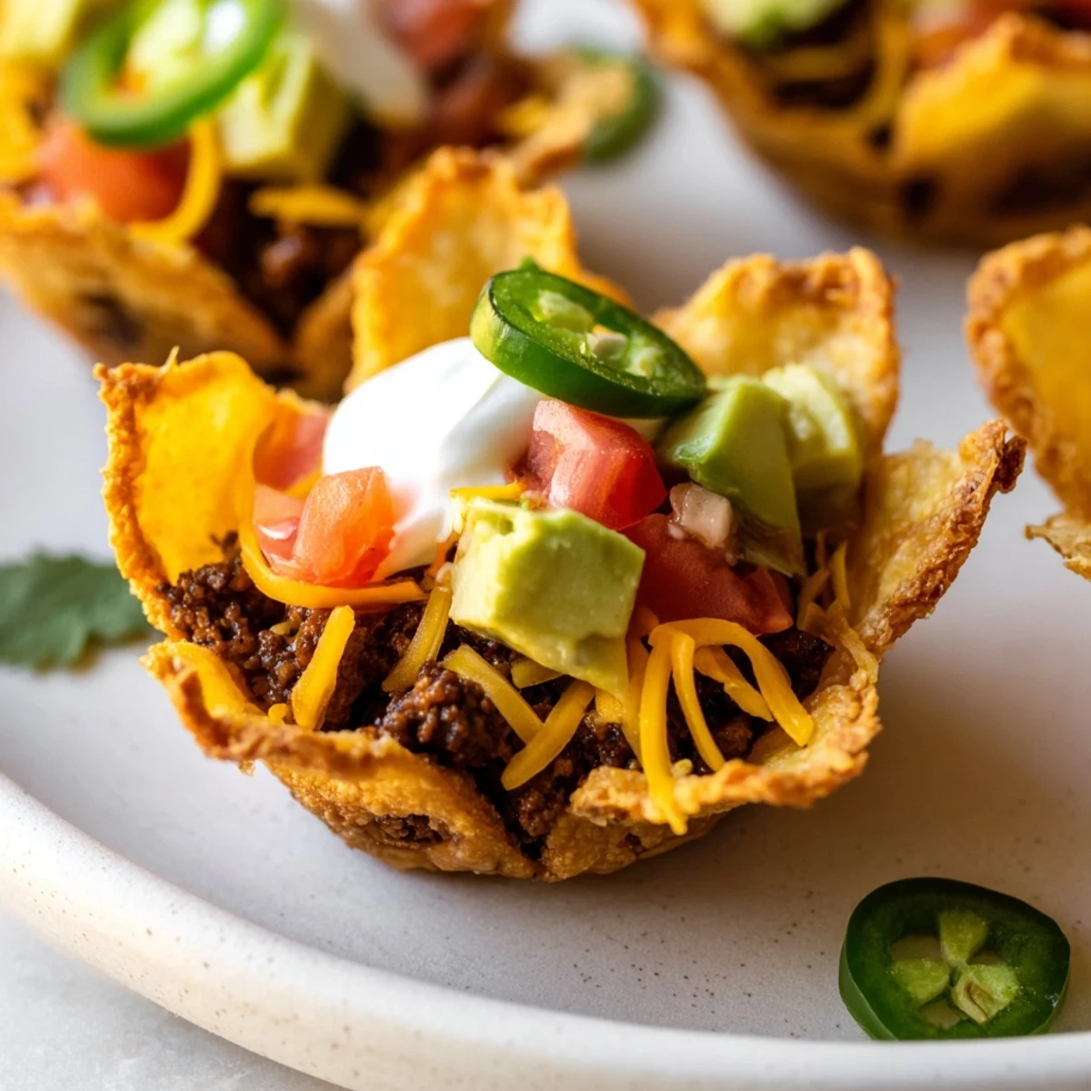 Delicious, cheesy Mini Taco Cups ready to be topped with fresh salsa and creamy toppings.