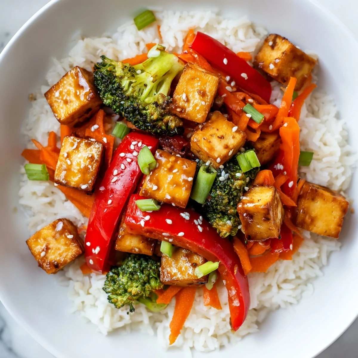 Golden crispy Honey Garlic Tofu Bowls, with vibrant vegetables and a glossy, sweet sauce, sit on fluffy rice.
