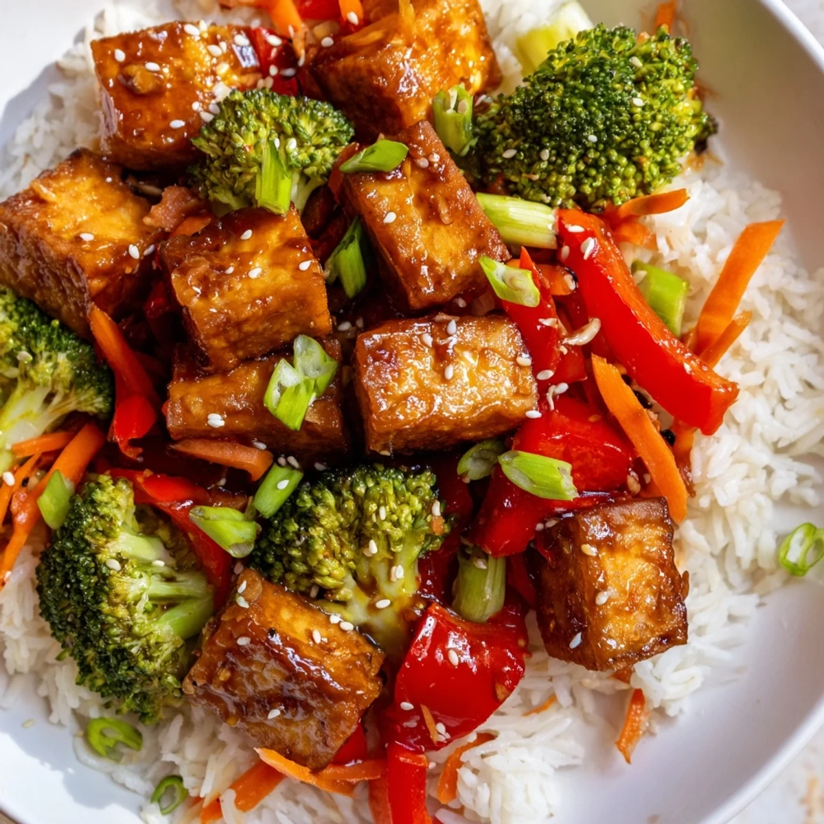 A close-up of steaming Honey Garlic Tofu Bowls shows tender tofu, broccoli, and carrots drenched in sauce.
