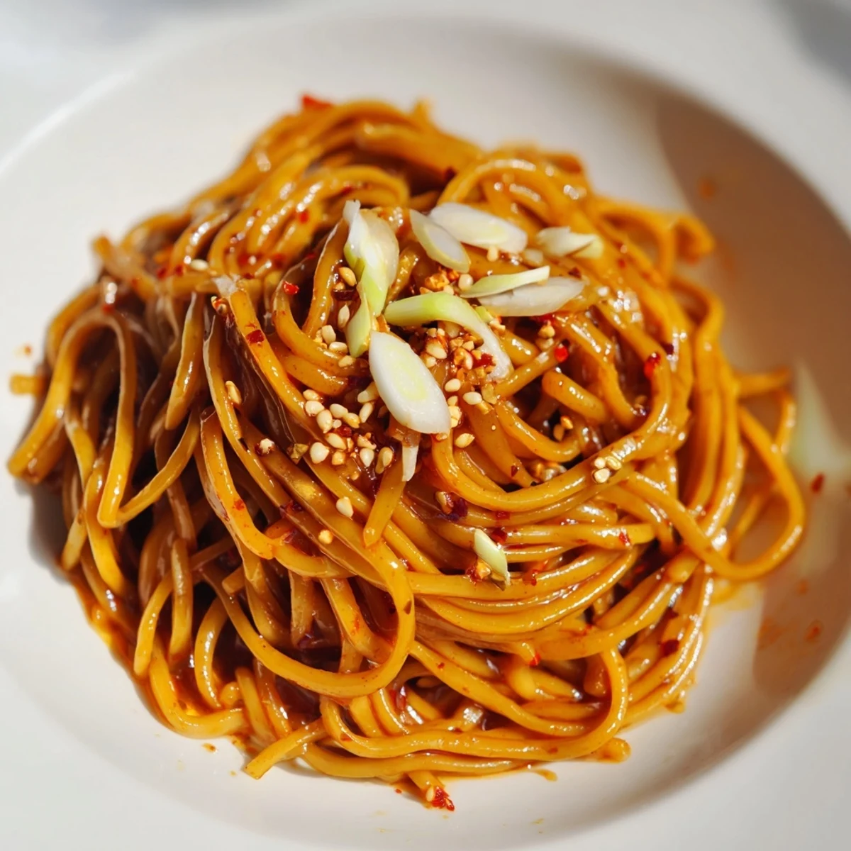 Steaming bowl of Garlic Chili Oil Noodles, a spicy and flavorful vegan noodle dish ready to enjoy.